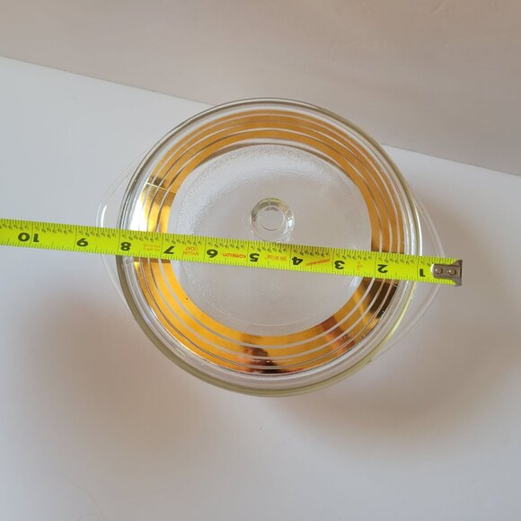 Inlaid Glass Golden Stripe Ovenware Casserole Dish With Lid Vintage Clear Glass - Picture 8 of 8